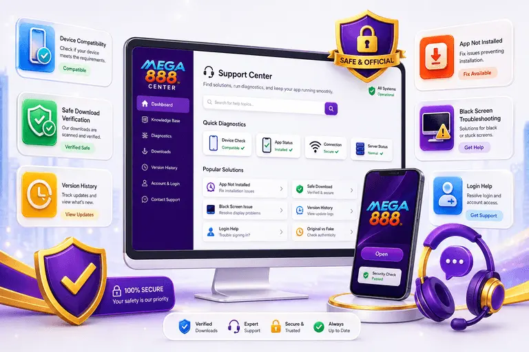 Mega888 Center support dashboard illustration showing app diagnostics and safety checks